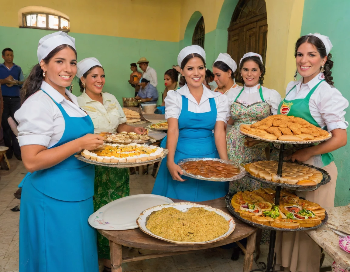 several women are standing around a table with trays of food, bolivian cholitas, cuban women in havana, colombian, 2995599206, 2708519935, carla ortiz, 2654465279, 1614572159