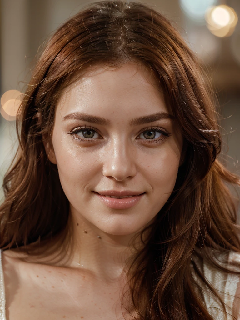 portrait close-up of a beautiful woman 26 years old, long and luscious eyelashes, long intense red hair, incredibly beautiful and detailed amber eyes, naturally detailed and soft full lips, smiling, High resolution 8K UHD Ultra-detailed and photorealistic photography, hypermaximalist, Perfectly rendered with physical shading , Professionally captured with HDR technology, Incredibly detailed and intricate, Rich, vivid colors pop against a softly blurred bokeh background, Sharp focus