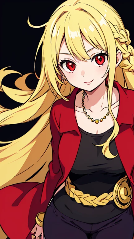 Beautiful anime girl, solo, 1girl, looking at viewer, cute, beautiful, red eyes, long hair, open hair, blonde hair, braided hair, StrawHat, one piece, smiling, light skin, red lips, anime, best quality, masterpiece, extremely detailed, 4k, red eyes, beautiful red eyes, detailed face, detailed eyes, golden necklace, golden earings, standing, extremely beautiful, high quality eyes, hair covering one eye,  wanostyle, ((masterpiece)), (best quality), (extremely detailed), depth of field, sketch, dark intense shadows, sharp focus, soft lighting, hdr, colorful, good composition, spectacular, (Highest quality illustrations:1.2), (Kawaii Girl:1.1), (1girl in, solo:1.5), One pose、Neat and clean image、ultradetailed eyes:1.2), ((red-eyed、Blonde hair:1.5))、hair wavy、curlyhair, hair wavy、BREAK(top-quality、ultra-detailliert、highly detailed and beautiful、超A high resolution、Detailed arm:1.2)、a closeup, Wink, ocean beach background, pirate, high quality jewelry, thin body, black top, open red coat, black pants,