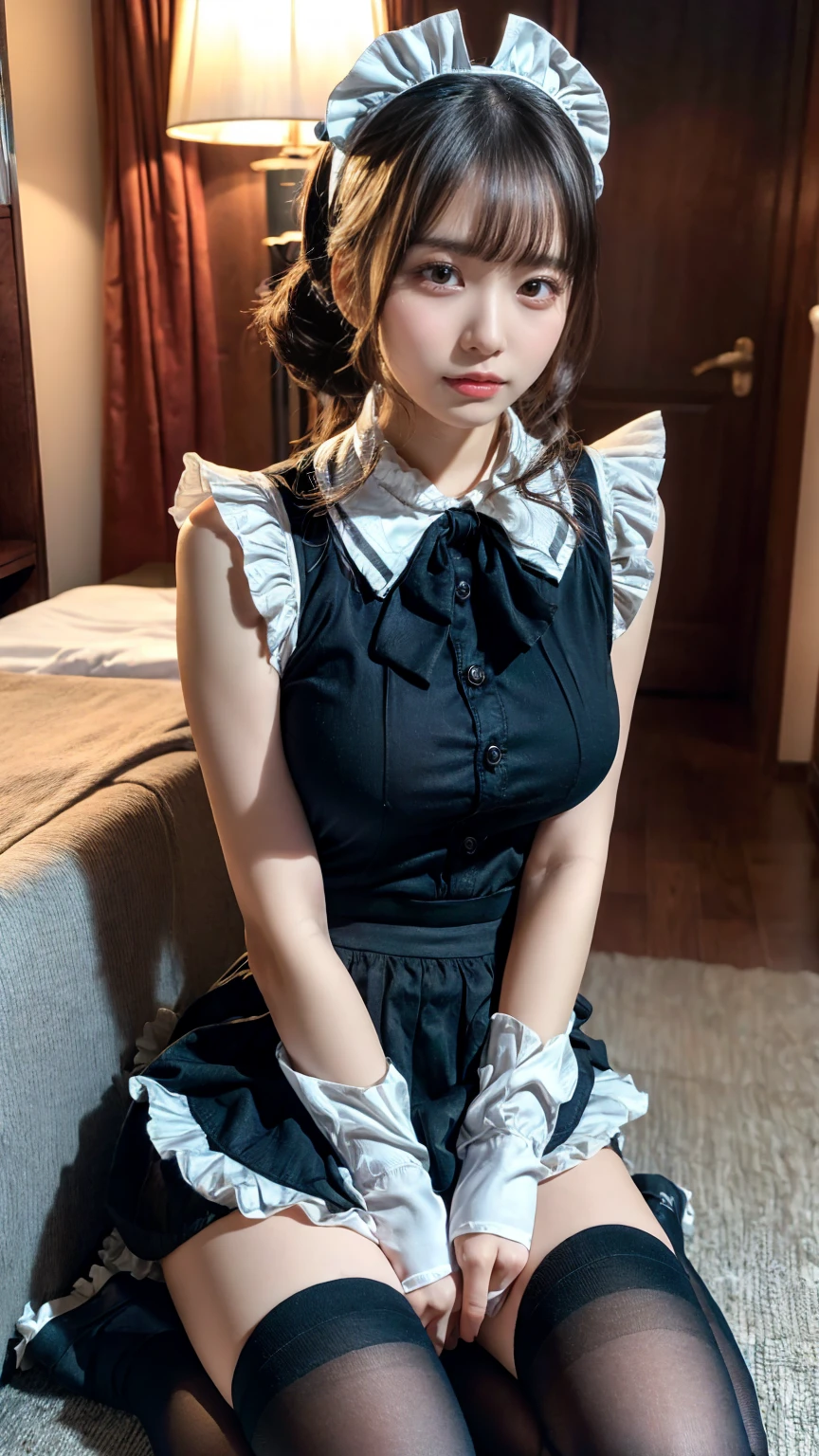 ((8K)), ((Raw photo)), ((best qualtiy)), High-definition raw color photos, professional photograpy, (Realistic:1.37), (photographrealistic:1.37), ((best qualtiy)), 25 year old woman, (finerly detailed face:1.2), (best qualtiy:1.2), Cinematic lighting, light brown hair, two side up, (Mole:1.0), (Smile:1.1), embarrassed but happy, Loose and wrinkled white panties, ((Panties with crotch)), Panties with seams, bow thigh, (Detailed Maid:1.2), Stick your legs together