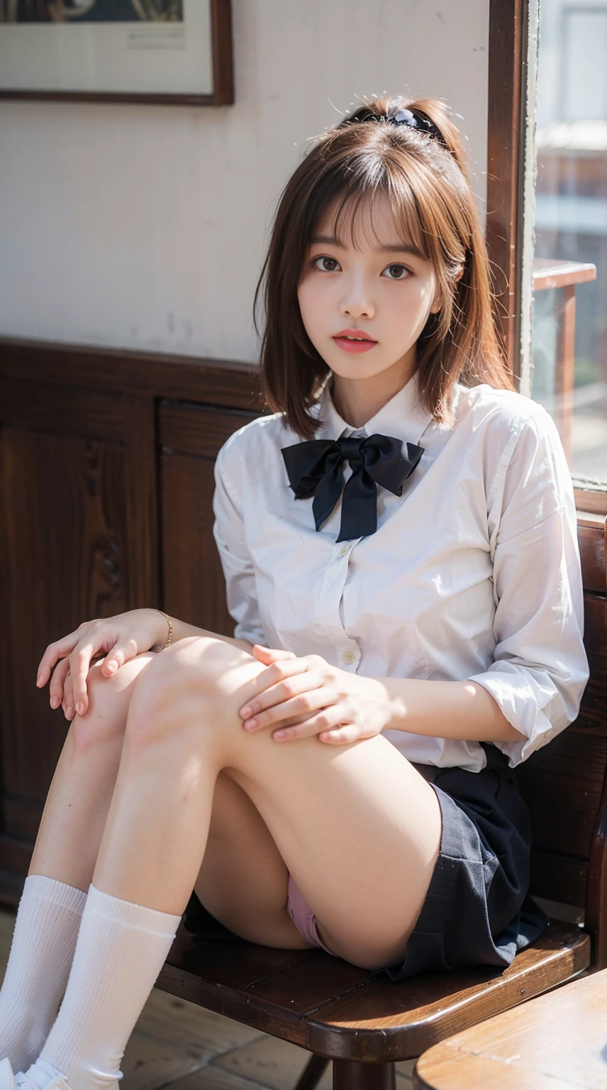 highest resolution、High level image quality、8K、true due diligence、원시 picturegraphy、top quality、masterpiece、table top、erotic、student、I like pink,white skin,knee,(flesh colored pantyhose),detail panties pattern、panties focus、pink panties、absurd,small face、 giant、중간에서 앞head 분리、The forehead is visible,(cold expression<꽉 It looks like,It looks like부심,Optimize,Thin anger)、masterpiece,top quality、Super high resolution A,원시 picture,wren,beautiful excrement,One, solo,dark expression,,whole body、Very good、JK ,High school girls,Japanese Female,stand,（photorealistic：1.37）、photon mapping,light blue ribbon,realistic、귀여운 small face,갈색 It looks like、Black socks、22 years old、(red bow tie)、radio city、physics based wrendering(물리 기반 wren더링)、Panorama、depth of fieldlurry background、picture,feminine,beautiful bridge, long legs, thin legs,long bob cut,(앞head가 보인다), head, Lips, blue_It looks like, cosoft,(pink shirt), (navy pleated skirt), knee이 다,thin clothes,, femur, black cotton socks,Nogizaka Idol, , Japan&#39;s island、반짝이는 It looks like、반짝이는 Lips、