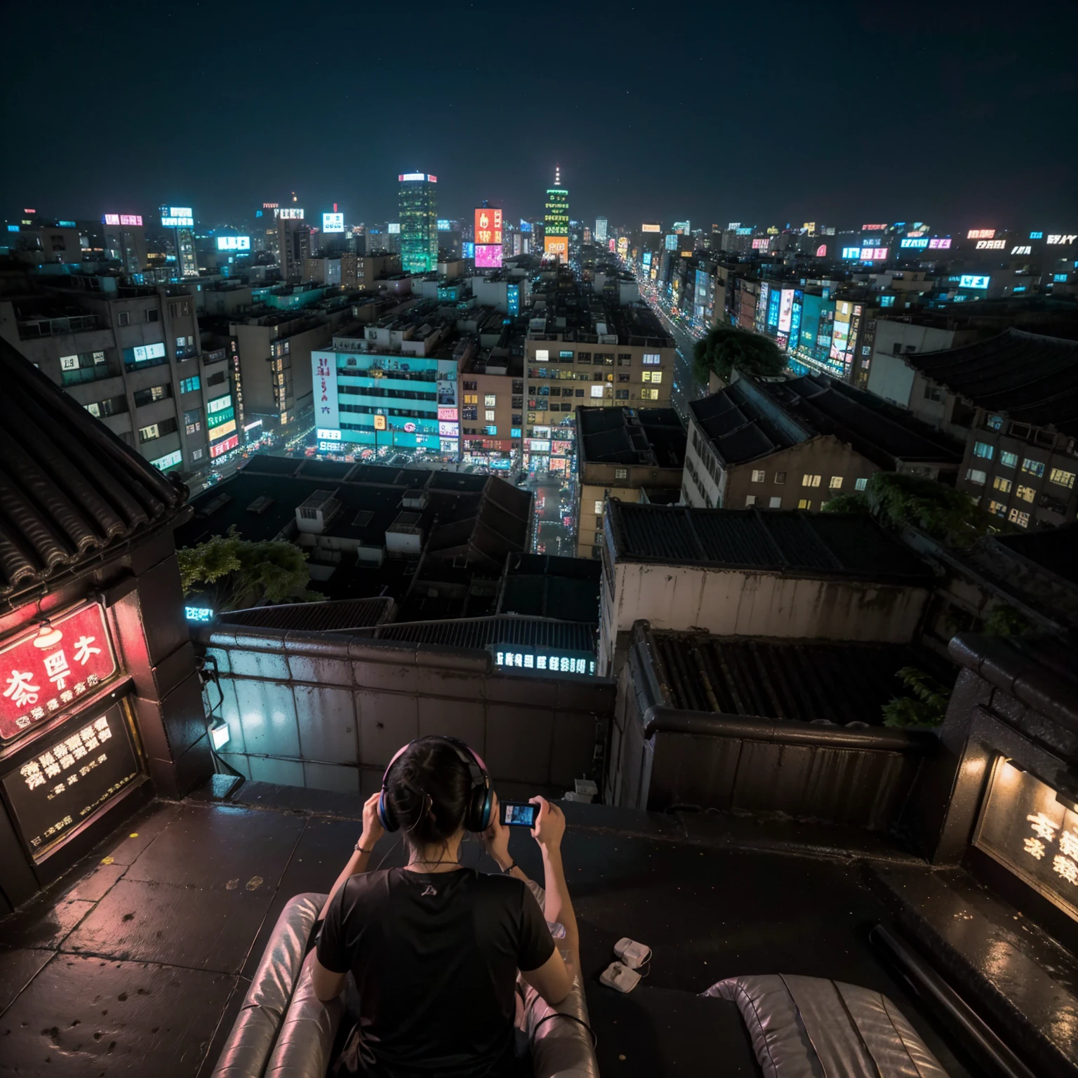 night, neon light, (taipei downtown scenery), (city rooftop), (a headphone on floor) (city skyline), (cinematic), (album cover)

