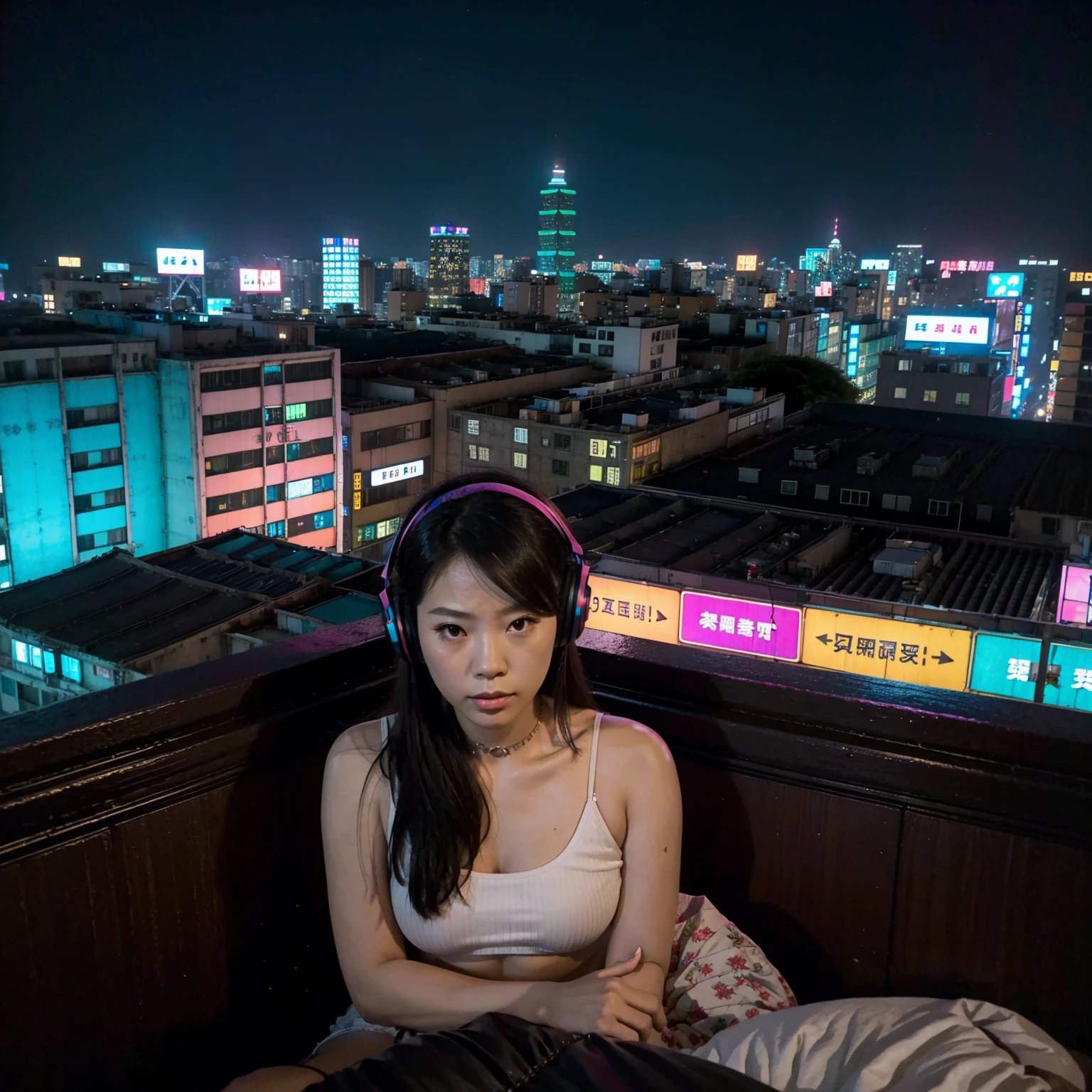 night, neon light, (taipei downtown scenery), (city rooftop), (a headphone on floor) (city skyline), (cinematic), (album cover)

