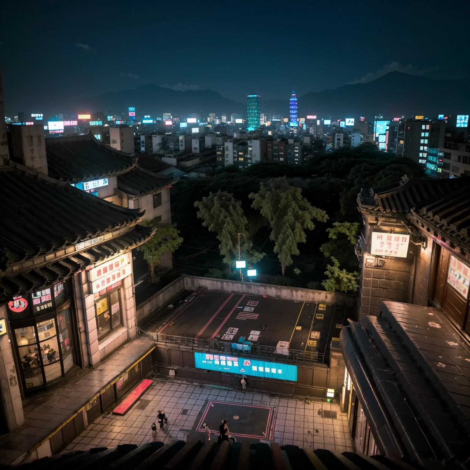 night, neon light, (taipei downtown scenery), (city rooftop), (a headphone on floor) (city skyline), (cinematic), (album cover)

