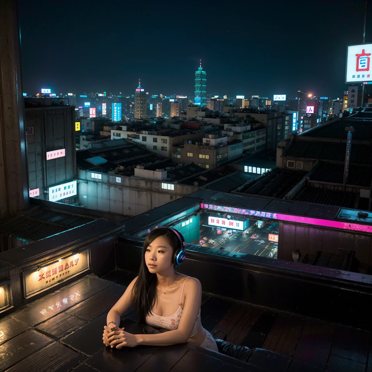 night, neon light, (taipei downtown scenery), (city rooftop), (a headphone on floor) (city skyline), (cinematic), (album cover)

