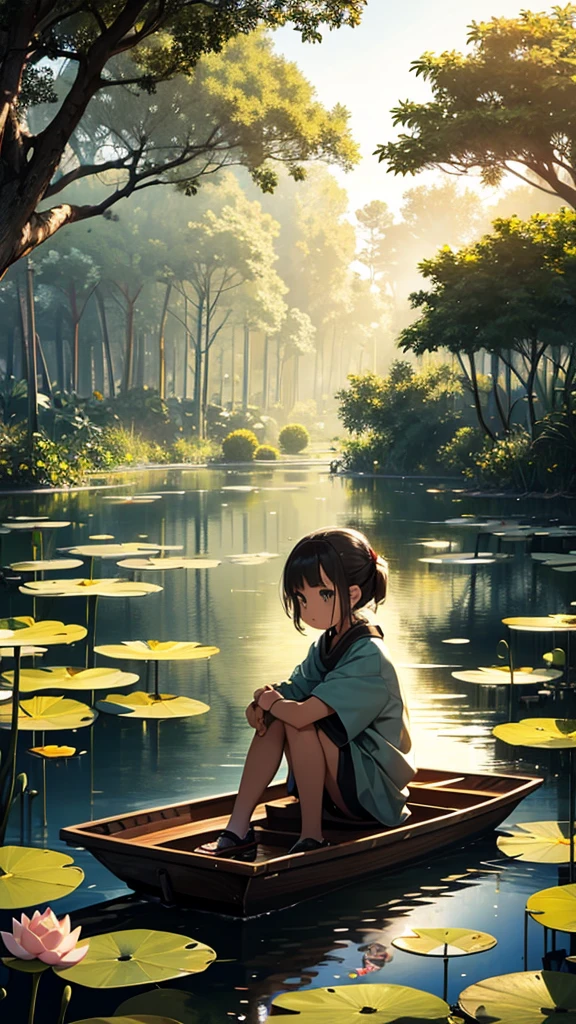 In the near distance is a lotus pond and in the far distance a child is sitting on a small boat