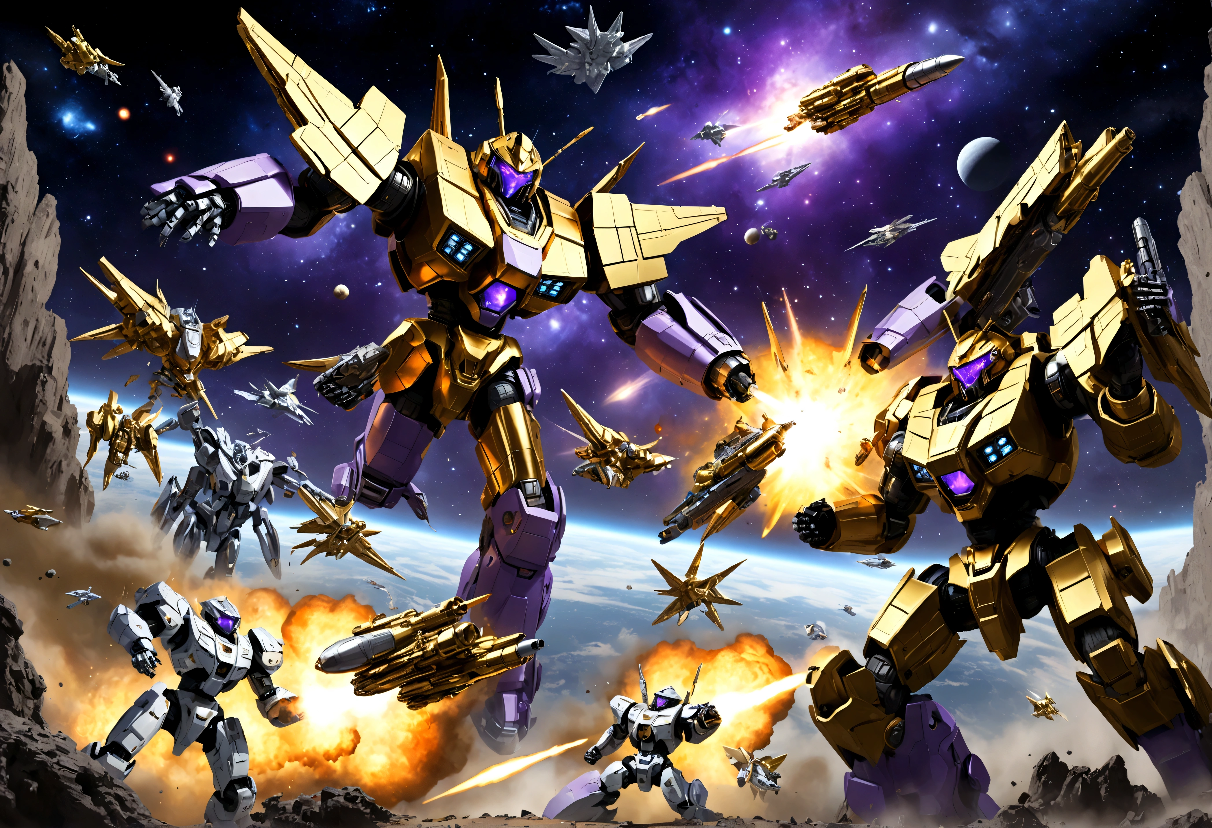 (A group of space warships themed around gold and religious motifs and angels) is in a shooting space battle with a force of cold robotic foes (violet and chrome color scheme, big cannons, humanoids giant robots) Deep space battle, lots of stars, small fighteer craft explode and fight one another as the big ships launch devastating volleys at one another
