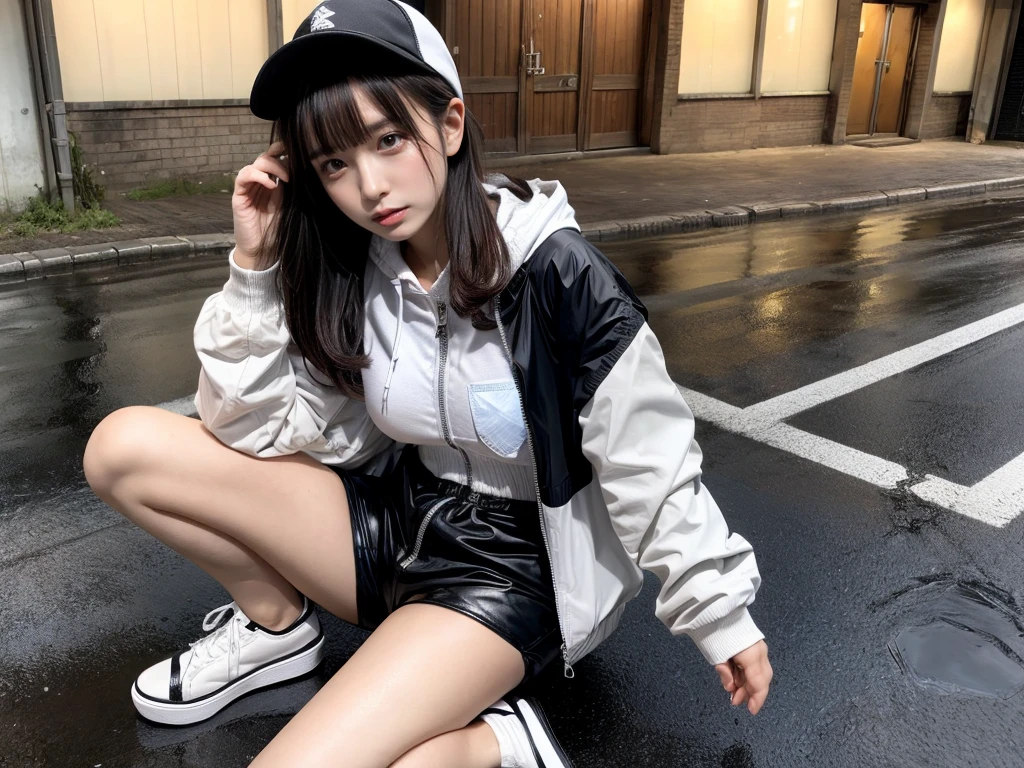Masterpiece, 8K, award-winning photos, photorealistic, realistic, ultra detailed, ultra high definition, ray tracung, _ the most beautiful, Gravure quality for high-end fashion magazines, 22 years old ,(sexy,Japanese idol, gray hair, short hair),shiny skin , detailed skin , detailed face , perfect anatomy, 1girl～2girls,
_
BREAK (droopy eyes, Natural makeup:1.2),light color, crying a little, Harajuku style, huge breasts, 
_
glowing blue eyes, tan skin,
_
BREAK (black and White theme:1.4), (oversized and baggy black outerwear:1.3), (fusion of black windbreaker and White hoodie:1.4), (black Nylon:1.4), ((zipper, large pocket):1.3), BREAK (black and white :1.2), (black platform high-cut sneakers:1.2),(Black leather short pants),(baseball cap),
 Inorganic concrete studio with windows, highly detailed background, , ultra-realistic textures, dramatic lighting ,raw photo, _(dutch angle and curtsey ,on side:1.2), looking at viewer,