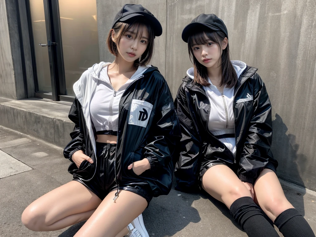 Masterpiece, 8K, award-winning photos, photorealistic, realistic, ultra detailed, ultra high definition, ray tracung, _ the most beautiful, Gravure quality for high-end fashion magazines, 22 years old ,(sexy,Japanese idol, gray hair, short hair),shiny skin , detailed skin , detailed face , perfect anatomy, 1girl~2girls,
_
BREAK (droopy eyes, Natural makeup:1.2),light color, crying a little, Harajuku style, huge breasts,
_
glowing blue eyes, tan skin,
_
BREAK (black and White theme:1.4), (oversized and baggy black outerwear:1.3), (fusion of black windbreaker and White hoodie:1.4), (black Nylon:1.4), ((zipper, large pocket):1.3), BREAK (black and white :1.2), (black platform high-cut sneakers:1.2),(Black leather short pants),(baseball cap),
Inorganic concrete studio with windows, highly detailed background, , ultra-realistic textures, dramatic lighting ,raw photo, _(dutch angle and curtsey ,on side:1.2), looking at viewer,