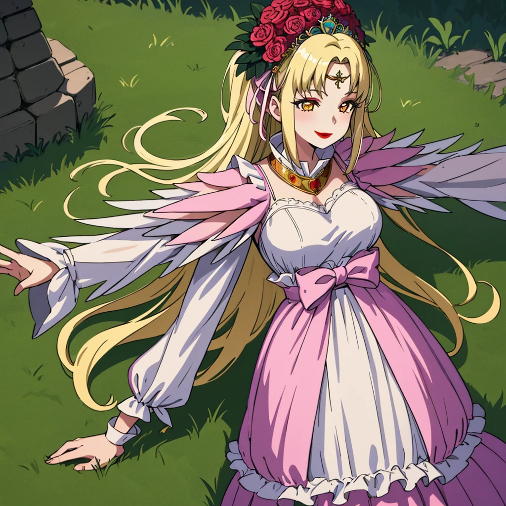 masterpiece, best quality, castle, greenery, grass, 1girl, solo, spAphrodite, tiara, circlet, hair flower, dress, lipstick, smile, large breasts,jack-o' challenge, top-down bottom up