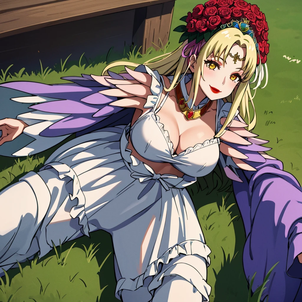 masterpiece, best quality, castle, greenery, grass, 1girl, solo, spAphrodite, tiara, circlet, hair flower, dress, lipstick, smile, large breasts,jack-o' challenge, top-down bottom up