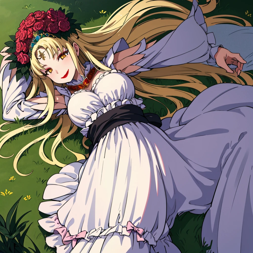 masterpiece, best quality, castle, greenery, grass, 1girl, solo, spAphrodite, tiara, circlet, hair flower, dress, lipstick, smile, large breasts,jack-o' challenge, top-down bottom up