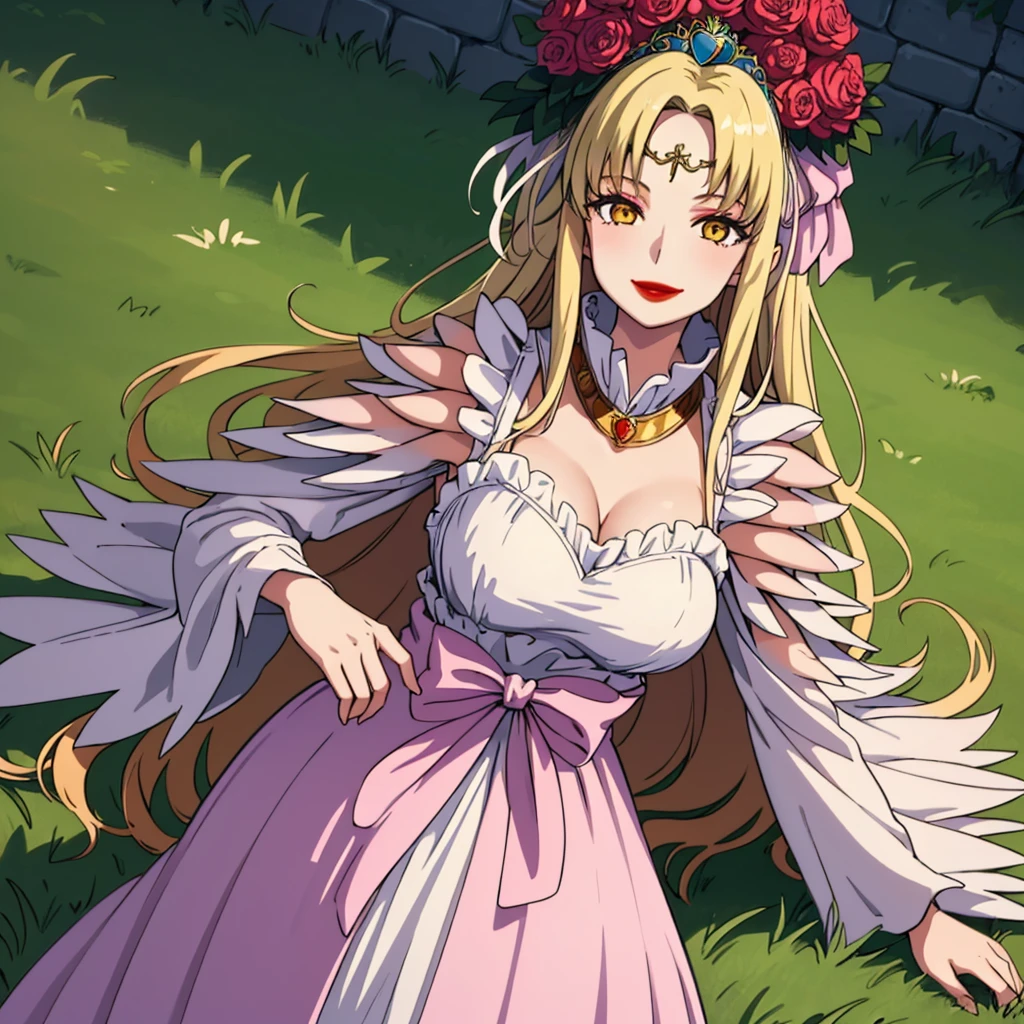 masterpiece, best quality, castle, greenery, grass, 1girl, solo, spAphrodite, tiara, circlet, hair flower, dress, lipstick, smile, large breasts,jack-o' challenge, top-down bottom up