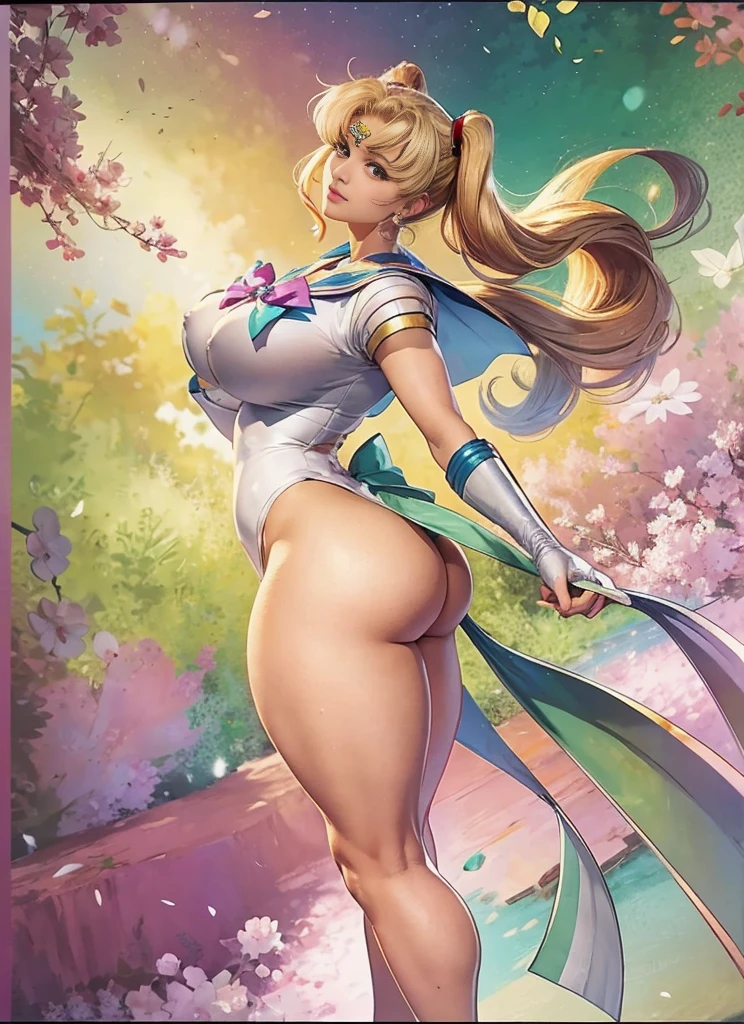 8K,original photo,Best quality,masterpiece:1.2),(Ultra-high resolution:1.0),detailed illustration,detailed,(Realistically,Honesty:1.37),Delicate and beautiful skin,Two long legs,close up,y,fighting,huge breuge ass, big l, plump body, sexly, Sailoron,Sailor Moon,Double tail,blond, #5: Parted Bangs, Hair accessories, Crescent facial markings, Jewelry, earrings, Necklace, Fluffy short sleeves, Pink sleeves, heart brooch, White gloves, Elbow gloves, Layered Skirt