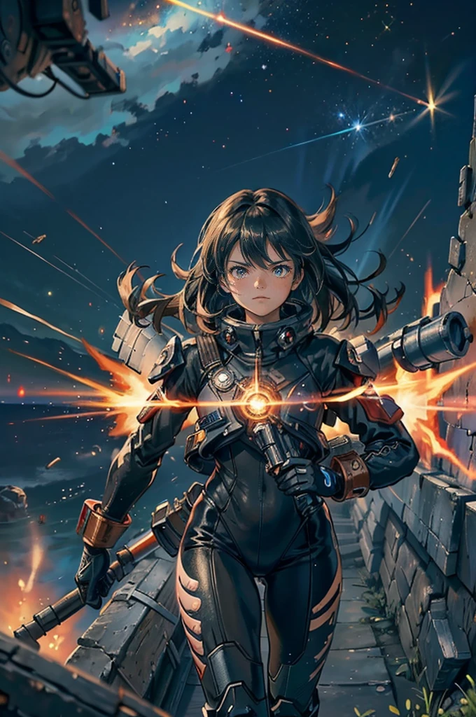 (((best quality))),(((ultra detailed))),(((masterpiece))),illustration,space battle,futuristic spacecrafts,sleek design,powerful cannon,determined pilots,battered ship,erratic weapon fire,dark background,flashes of weapons fire,engine trails,intense battle,hypnotic effect,survival stakes,excitement,tension,human ingenuity,exploration risks,sacrifices,raw power,indomitable spirit,unknown frontier