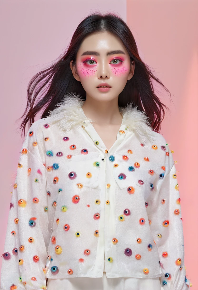 work of art, melhor 品質, Cao Cao_品質, Cao Cao_resolution, work of art*wore, offwhitespace, colorfully, 1 girl, standing alone, offwhite_body hair, prism body hair, [Pink|Unripe] eyeballs, gradient eyeballs, multicolored eyeballs, Ablaze eyeballs, Ablaze, sheen, Ablaze offwhite particles, Windlift, full-featured_cos, serious,