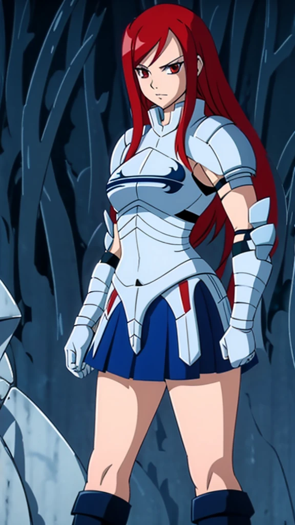 A sexy girl honest warrior long straight bright red hair her light red eye wears silver armor covered in a metal blue skirt long brown boot