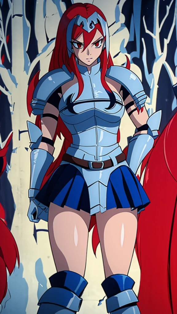  A sexy girl honest warrior long straight bright red hair her light red eye wears silver armor covered in a metal blue skirt long brown boot 