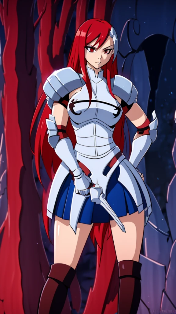  A sexy girl honest warrior long straight bright red hair her light red eye wears silver armor covered in a metal blue skirt long brown boot 