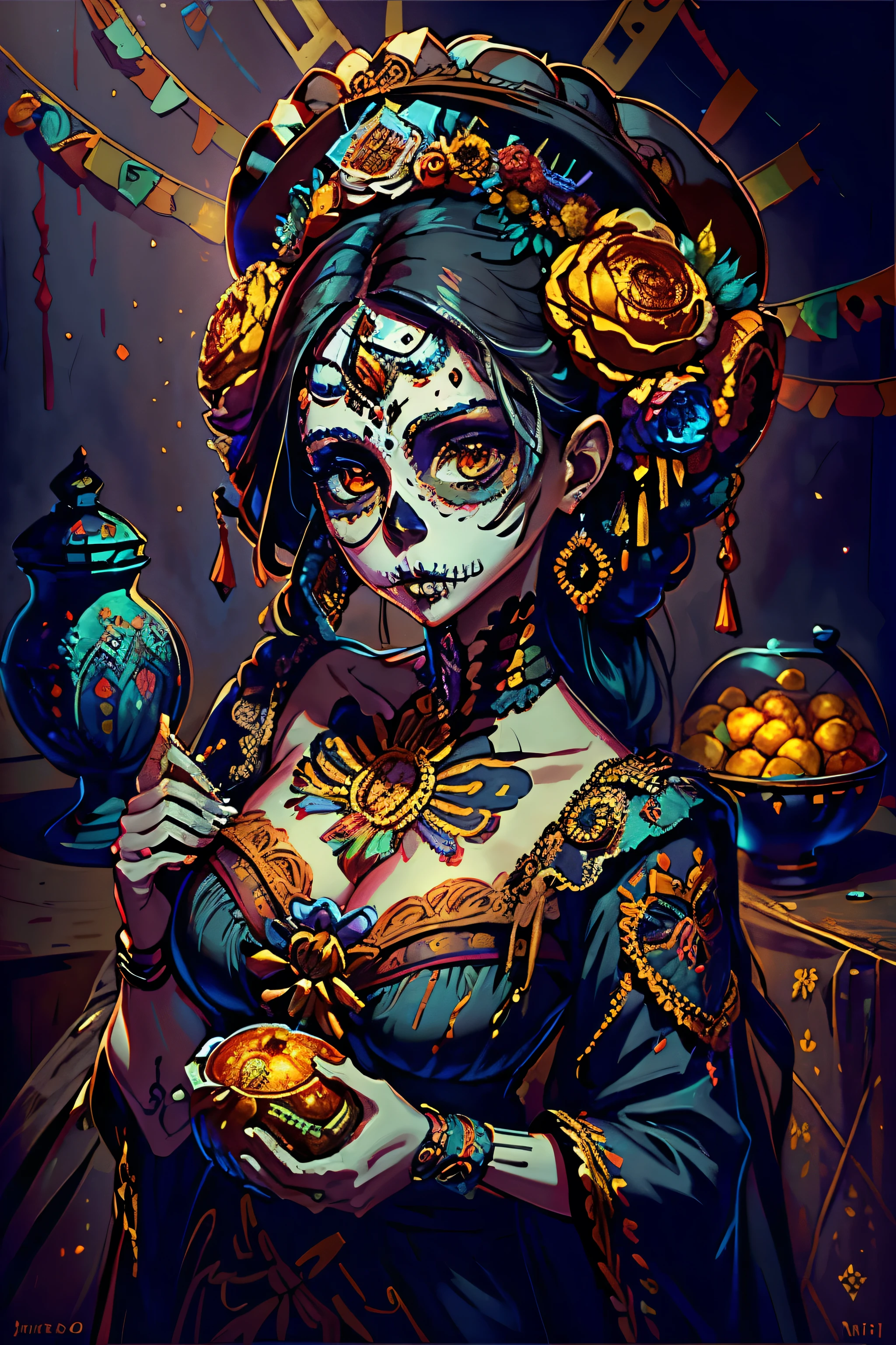 create a stunning still-life realistic photo of a full body portrait of a beautiful young latina woman (25), Mexican sugar skull calavera make up, a poetic setting of Mexican tradition, surrounded by ornamental elements such as fruit, flowers, garlands of lights and native plants, studio lighting, HD, realistic, traditional, Mexican Herritage, 