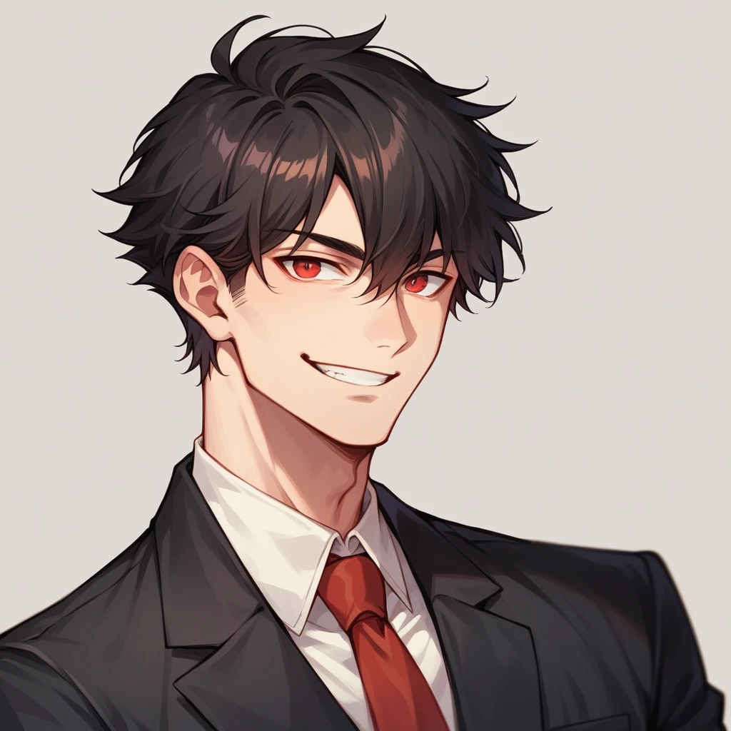 Man, black suit, red tie, short black hair, red eyes, smiling face, simple background