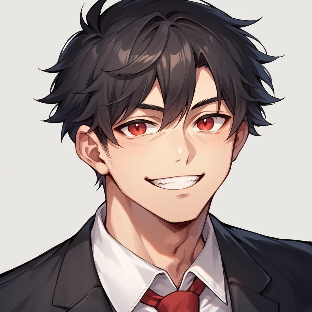 Man, black suit, red tie, short black hair, red eyes, smiling face, simple background