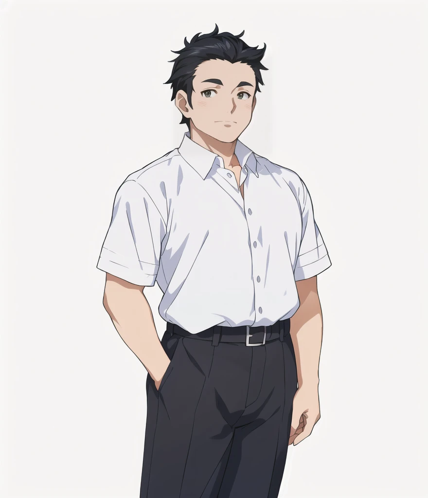 Highest quality, high resolution, High quality anime art style, Official Art, Smooth anime CG art, Stylized anime, Visual Novel Sprites, White background, whole body, Anime-style 3D, Smooth anime CG art, Humanoid middle-aged man, JRPG Characters, A man wearing a white shirt and grey trousers, Black Hair, Narrow eyes, 48 years old,