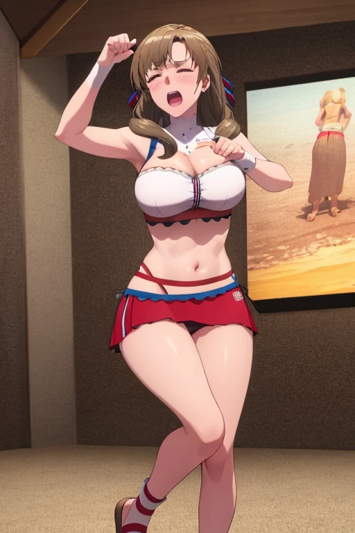 masterpiece, best quality, beautiful art, high resolution, well formed hands, body and fingers, 1 woman, solo, Mamako Oosuki, up, arabian belly dancer, adult, large and round breasted, (perfect hands and fingers:1.5) cleavage, hair ribbon, full body picture, sexy and skimpy outfit , gorgeous legs and thighs ,ryona , in peril, she is being beaten up by her opponent, she is knocked down and she is slapped in the face and being slammed against the floor, being humiliated by her opponent, receiving the impact of her opponent's attacks, closed eyes, screaming in pain and agony, ryona and perilous scene, bouncing breasts, weak and helpless, martial arts tournament on the beach