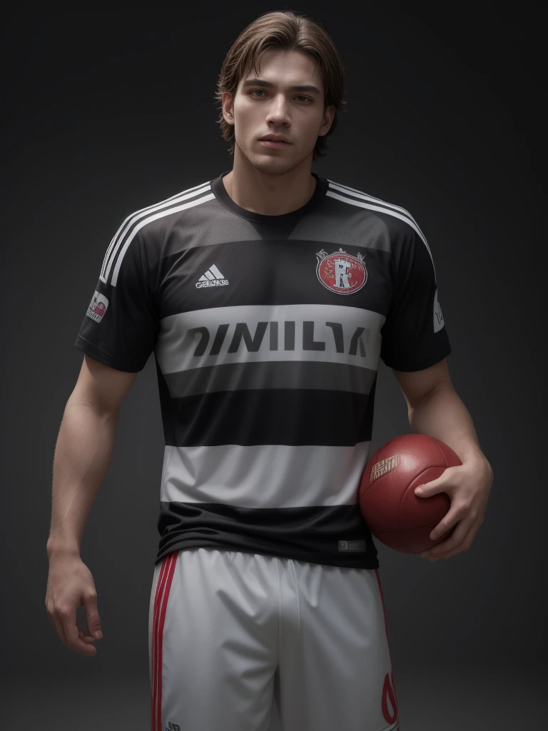Caucasian man, football player, with the ball in your right hand, vestindo uma Flamengo's jersey, Flamengo's jersey, man with spotlight in the background highlighting his blouse and the Flamengo emblem