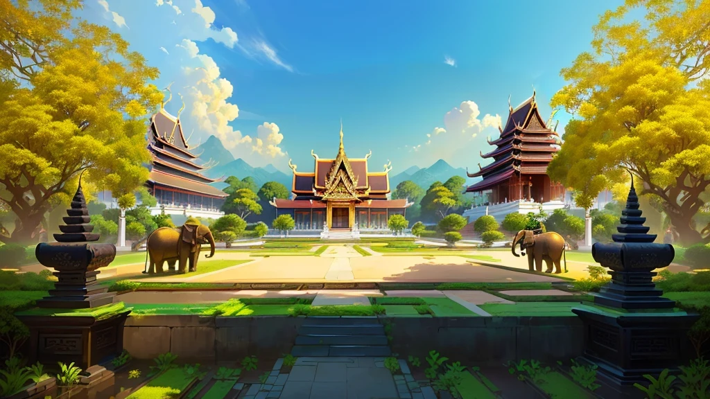 there is a painting of a courtyard with 2 gold elephants statue thailand and thailand temple, arena background, mobile game background, background art, background artwork, palace background, game background, temple background, volley court background, zen temple background, anime background art, royal garden background, amazing wallpaper, anime background, 2 d game art background, park background, anime scenery concept art, videogame background, Cassia fistula, far architect thailand, thailand temple, temple behind, thailand mood, thailand backgound
