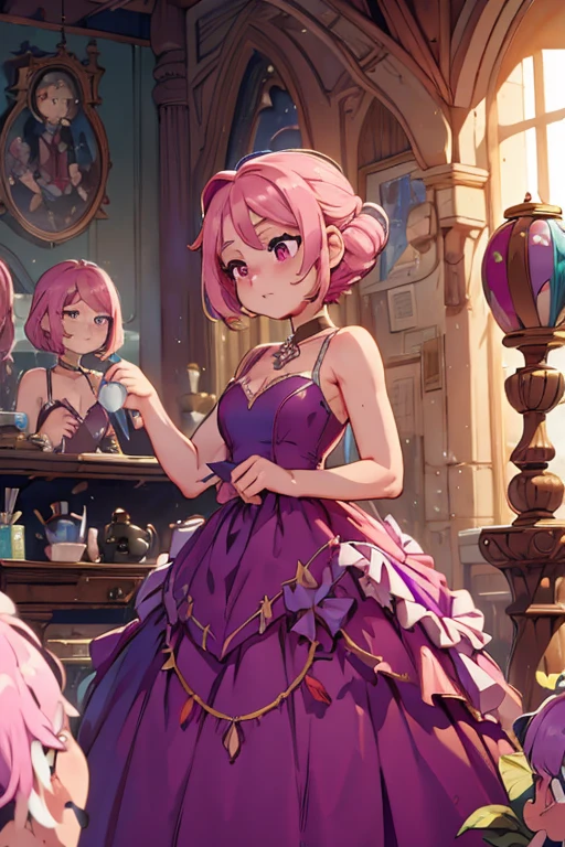 A pink haired queen with violet eyes and an hourglass figure in a beautiful gown is getting ready for a ball.