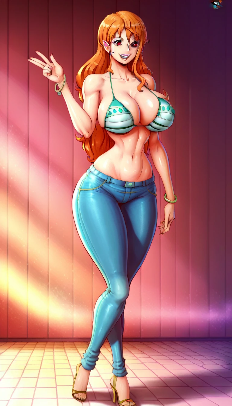 ((high aesthetic)), absurdres, absurd resolution, highly rated, highres, high resolution, best quality, masterpiece, full body, (facing viewer), standing, 1girl, ((solo)), indoors, clothed, ((perfect face)), perfect eyes, tight outfit, smile, natural skin texture, 4k textures, hdr, intricate, highly detailed, puffy lips, thick lips, hyperdetailed, mature female, nami_post, orange hair, long hair, wavy hair, side locks, brown eyes, bikini, green bikini, bikini top only, denim, jeans, groin, bracelet, bangle, skinny