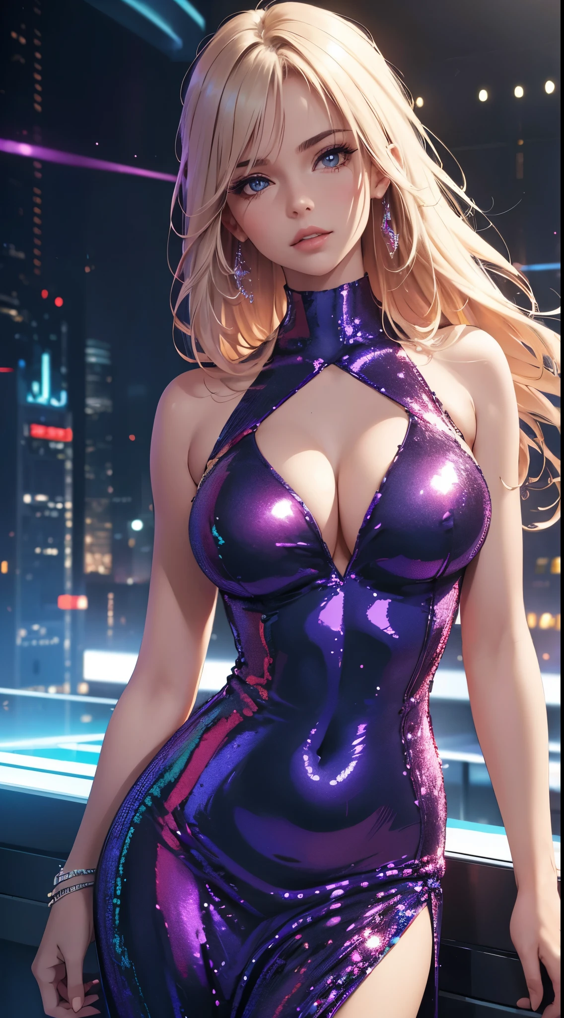 "(best quality,highres,realistic:1.2),sexy woman,sequin dress,sleeveless,cleavage,modern,stylish,futuristic,ultra-detailed,party atmosphere,vivid colors,dynamic lighting"