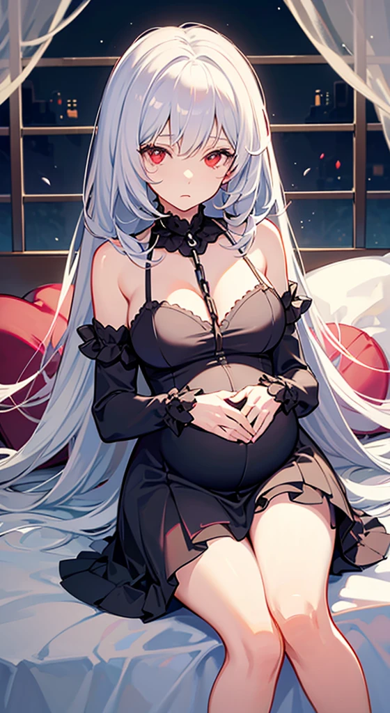 （（（1个Giant Breast Girl）），Ray traching，（dim murky lights），[detailedbackground（Bedrooms）），（（Silvery hair）），（（Silvery hair）），（（（（（Fluffy silver hair，plump and slender girl））Wears a high ponytail）））Avoid golden eyes in the ominous bedroom（（（（Girl wears white shirt，Black wrinkled skirt，Wear yours with black sheer pantyhose），It shows a delicate and slender figure and beautiful curves，Correct limbs，sit on a bed，Pregnant belly，Pregnant belly，Pregnant women with，Hands on the stomach