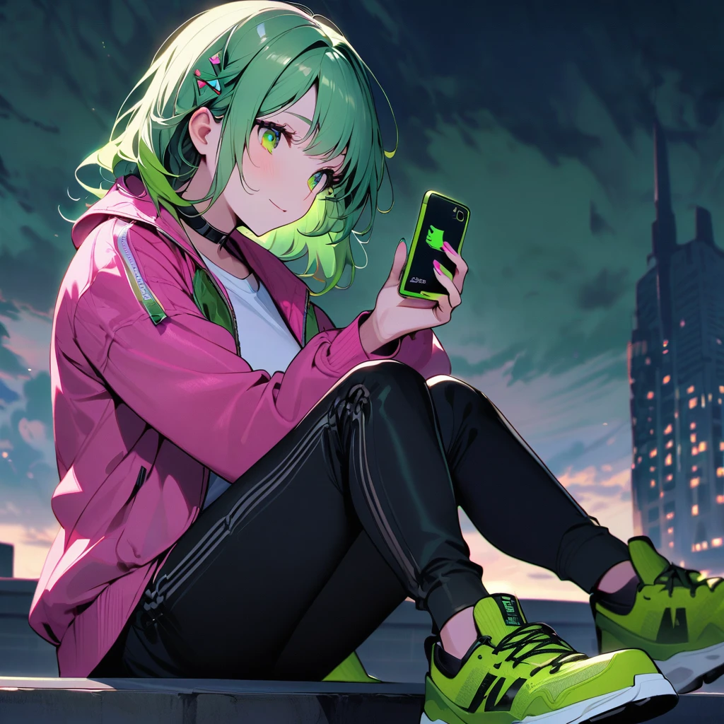 (well done: 1) woman, shoulder-length, slightly wavy green hair with green tips, green barrette in her hair, green eyes, black choker, green and pink nails, white shirt, pink jacket with green details, black pants, green sneakers.   sitting on top of a building with a smartphone in her hand.