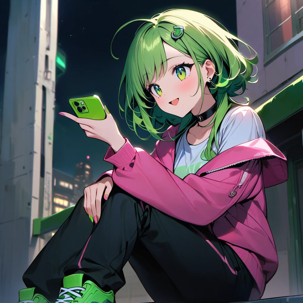 (well done: 1) woman, shoulder-length, slightly wavy green hair with green tips, green barrette in her hair, green eyes, black choker, green and pink nails, white shirt, pink jacket with green details, black pants, green sneakers. sitting on top of a building with a smartphone in her hand.