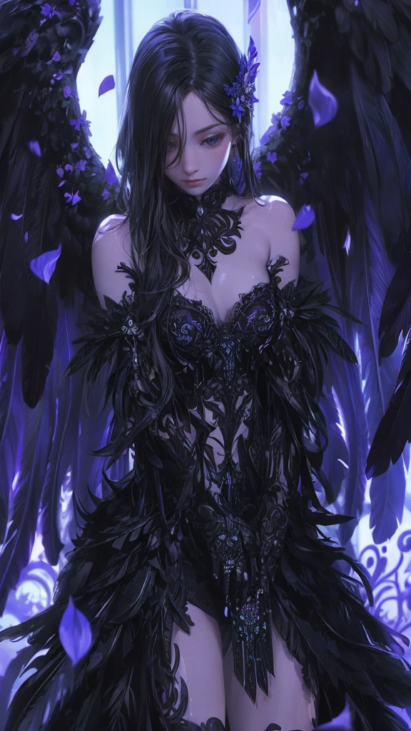 a beautiful flower angel, futuristic gothic style, extremely detailed face and body, anime-inspired, photorealistic, cinematic lighting, intricate floral patterns, ethereal wings, dramatic pose, moody color palette, volumetric light effects, hyper-realistic textures, ornate gothic architecture, stunning digital art
