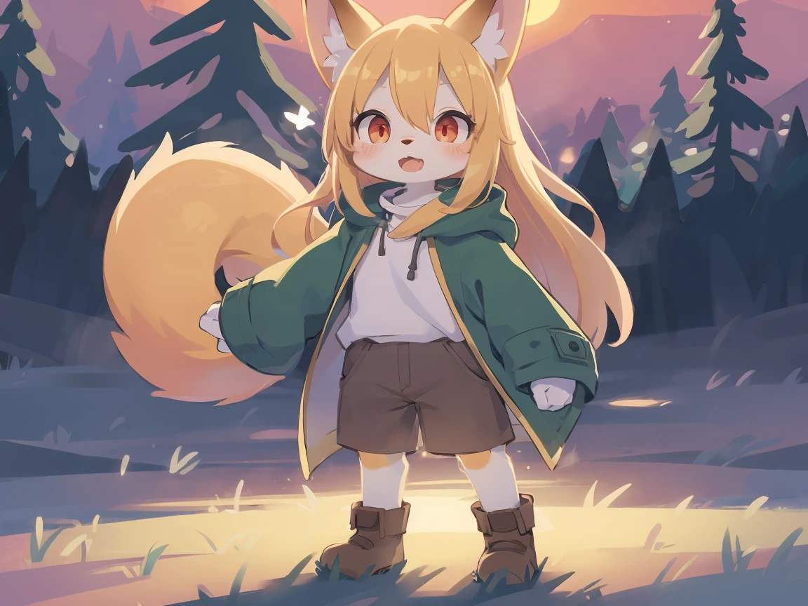 flat color, shota the fox, , was hairy, shaggy, skin fur, smooth lashes, golden fur, forelimb hands, straight long blonde hair, solid circle eyes, golden ears, golden fur, golden facial fur, shiny hair, red eyes, super cute face, 1fox tail, fluffy tail, furry tail, glowing eyes, green coat green hood down, brown trousers, standing, open mouth, ambient light, ultra-fine fur, dashed eyes, (full body), masterpiece, high quality, high-details, best quality, wide short, (((solo))), twilight, sun light, red sky, rim light