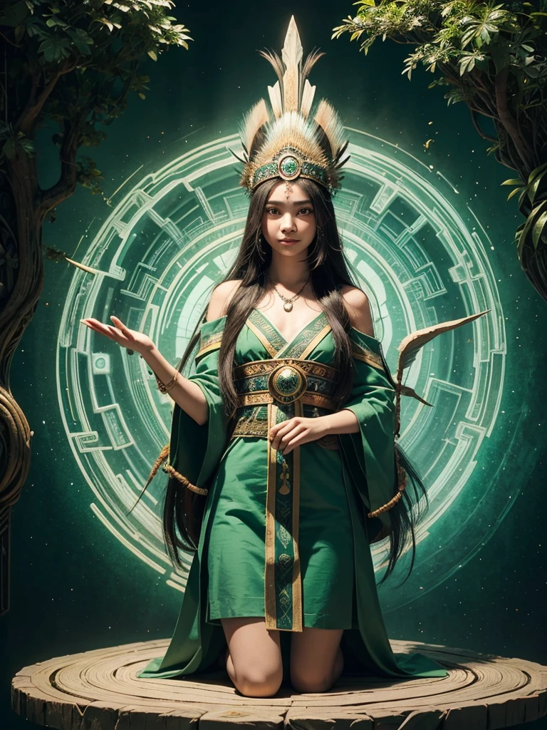 1 teenage girl. Beautiful teenage girl. 15 years old. Beautiful Indonesian tribe girl. White skin. Rookie shaman. Shaman student. School of shaman. shaman tribe hat. Black hair. Green silky shaman student uniform. Green shaman cloak. Flat chest. Holding the green orbz. Green emerald large necklace. Green shaman room. Beautiful face. Standing pose. Shaman statue. Green temple. Shamanic logo on the wall. Smile.