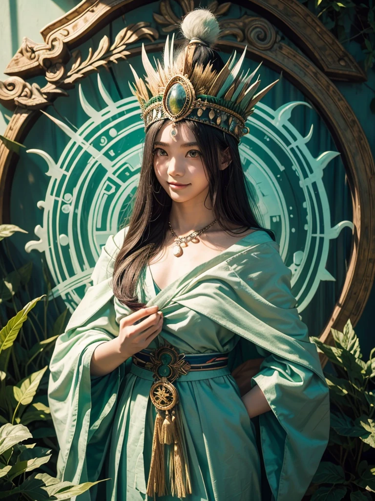 1 teenage girl. Beautiful teenage girl. 15 years old. Beautiful Indonesian tribe girl. White skin. Rookie shaman. Shaman student. School of shaman. shaman tribe hat. Black hair. Green silky shaman student uniform. Green shaman cloak. Flat chest. Holding the green orbz. Green emerald large necklace. Green shaman room. Beautiful face. Standing pose. Shaman statue. Green temple. Shamanic logo on the wall. Smile.