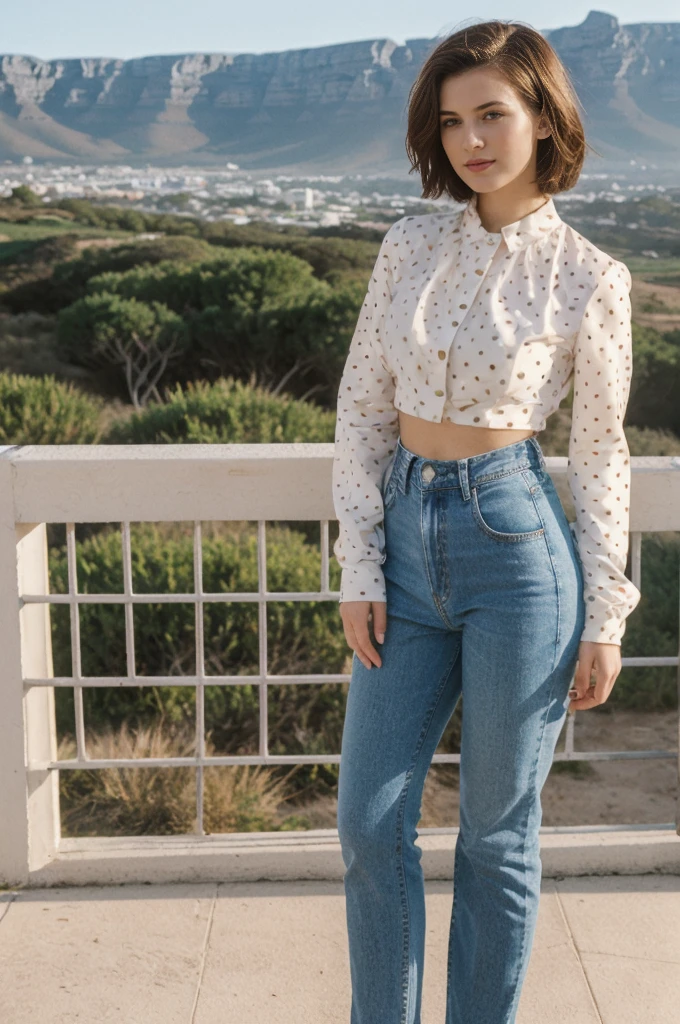 her name is Elektra, high quality, 1girl, ((20-year-old fit Caucasian woman)), ((20 years old)), ((fit)), short bob brunette hair, pose: standing, wearing Polka Dot Mesh Long Sleeve with Patchwork High-Waisted Jeans, BACKGROUND: From the stunning vistas of Cape Town, nestled between Table Mountain and the expansive Atlantic Ocean