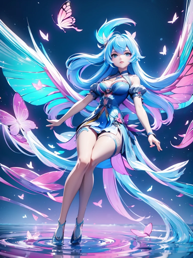 Seizo Watase style, Simple Line Initialism,Abstract art, 3d character, colorful hearts ,(((The most beautiful girl of all time))), (full body 1.2), only girl,very long hair, bufferfly and sky background, 25 year old, full body, (((8k))), (((3d)), blue and pink hair, Large butterfly wings on the back, moon,one hand raised above, hair divided on half