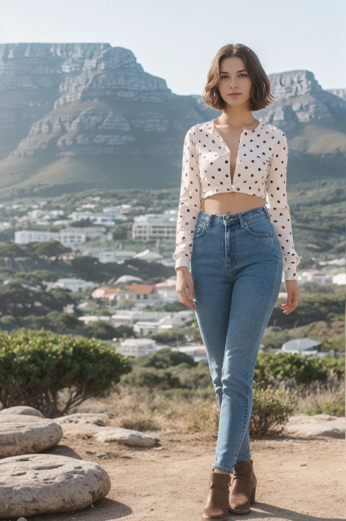her name is Elektra, high quality, 1girl, ((20-year-old fit Caucasian woman)), ((20 years old)), ((fit)), short bob brunette hair, pose: standing, wearing Polka Dot Mesh Long Sleeve with Patchwork High-Waisted Jeans, BACKGROUND: From the stunning vistas of Cape Town, nestled between Table Mountain and the expansive Atlantic Ocean