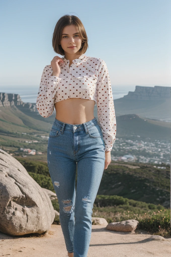 her name is Elektra, high quality, 1girl, ((20-year-old fit Caucasian woman)), ((20 years old)), ((fit)), short bob brunette hair, pose: standing, wearing Polka Dot Mesh Long Sleeve with Patchwork High-Waisted Jeans, BACKGROUND: From the stunning vistas of Cape Town, nestled between Table Mountain and the expansive Atlantic Ocean