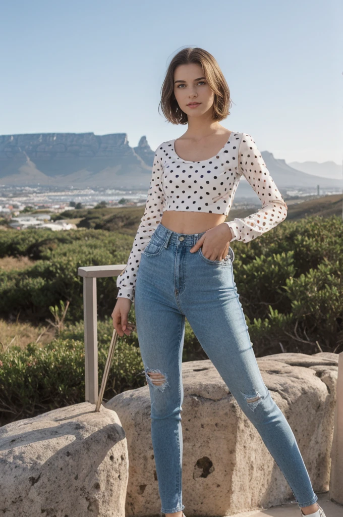 her name is Elektra, high quality, 1girl, ((20-year-old fit Caucasian woman)), ((20 years old)), ((fit)), short bob brunette hair, pose: standing, wearing Polka Dot Mesh Long Sleeve with Patchwork High-Waisted Jeans, BACKGROUND: From the stunning vistas of Cape Town, nestled between Table Mountain and the expansive Atlantic Ocean