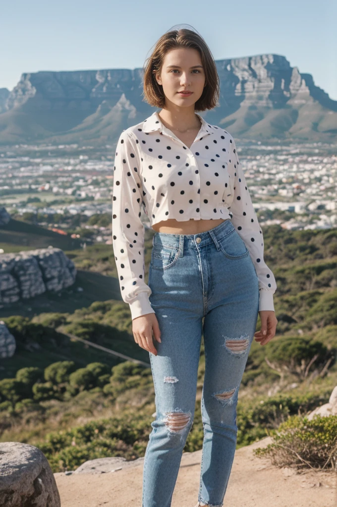 her name is Elektra, high quality, 1girl, ((20-year-old fit Caucasian woman)), ((20 years old)), ((fit)), short bob brunette hair, pose: standing, wearing Polka Dot Mesh Long Sleeve with Patchwork High-Waisted Jeans, BACKGROUND: From the stunning vistas of Cape Town, nestled between Table Mountain and the expansive Atlantic Ocean