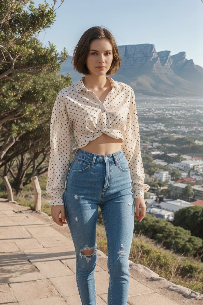 her name is Elektra, high quality, 1girl, ((20-year-old fit Caucasian woman)), ((20 years old)), ((fit)), short bob brunette hair, pose: standing, wearing Polka Dot Mesh Long Sleeve with Patchwork High-Waisted Jeans, BACKGROUND: From the stunning vistas of Cape Town, nestled between Table Mountain and the expansive Atlantic Ocean