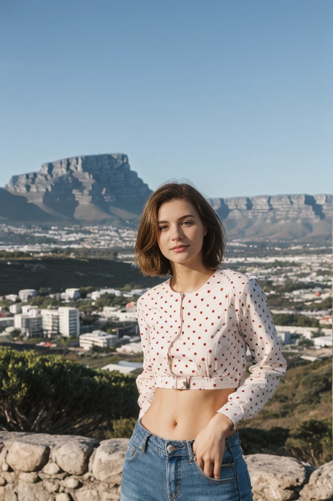 her name is Elektra, high quality, 1girl, ((20-year-old fit Caucasian woman)), ((20 years old)), ((fit)), short bob brunette hair, pose: standing, wearing Polka Dot Mesh Long Sleeve with Patchwork High-Waisted Jeans, BACKGROUND: From the stunning vistas of Cape Town, nestled between Table Mountain and the expansive Atlantic Ocean