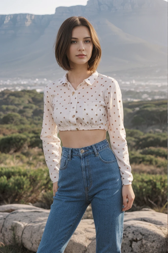 her name is Elektra, high quality, 1girl, ((20-year-old fit Caucasian woman)), ((20 years old)), ((fit)), short bob brunette hair, pose: standing, wearing Polka Dot Mesh Long Sleeve with Patchwork High-Waisted Jeans, BACKGROUND: From the stunning vistas of Cape Town, nestled between Table Mountain and the expansive Atlantic Ocean