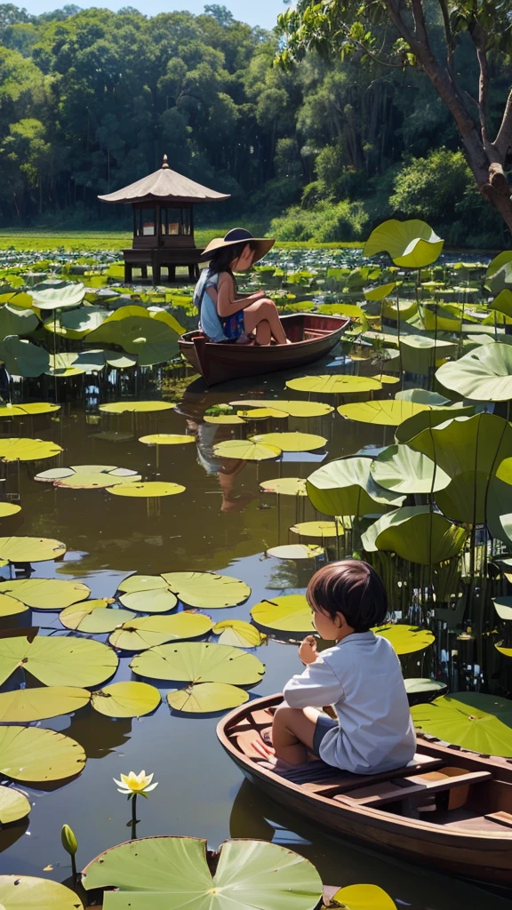 In the near distance is a lotus pond and in the far distance a is sitting on a small boat